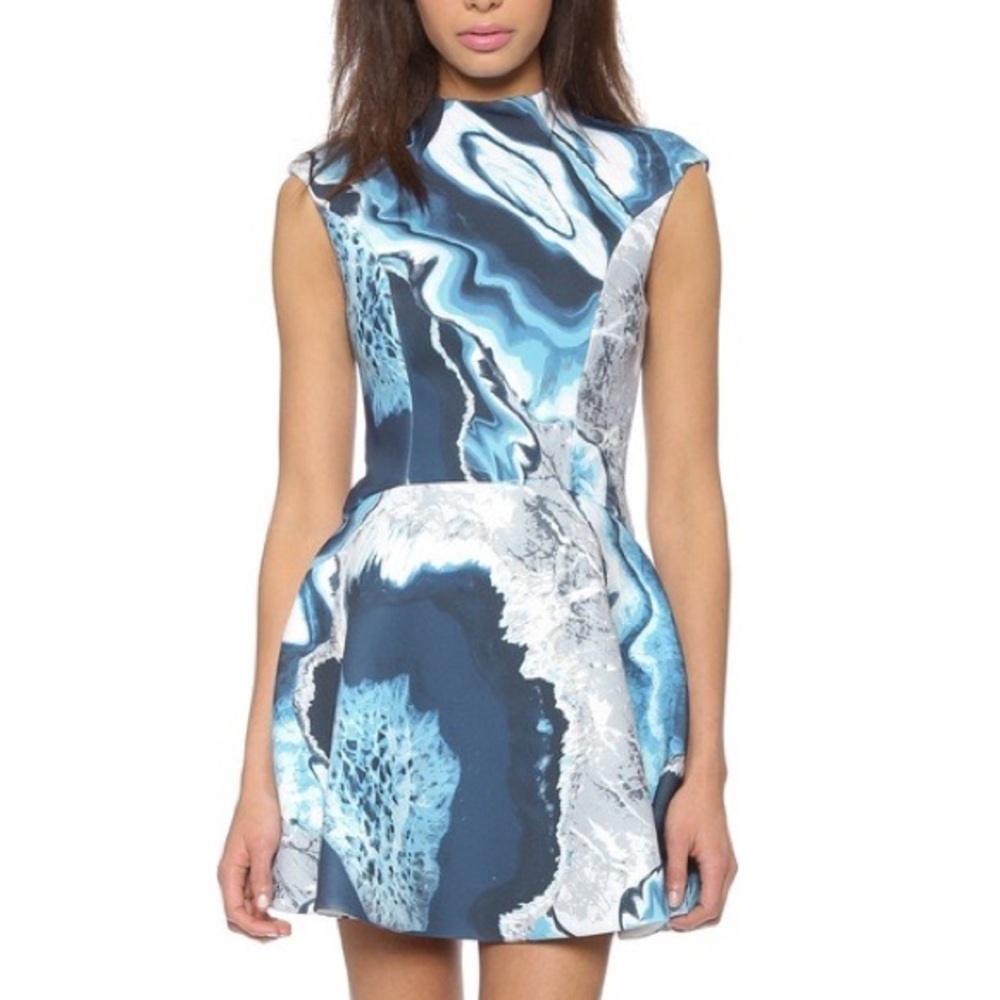 C/MEO COLLECTIVE Neoprene Cocktail Dress Blue & White Marbled Print XS Cameo
